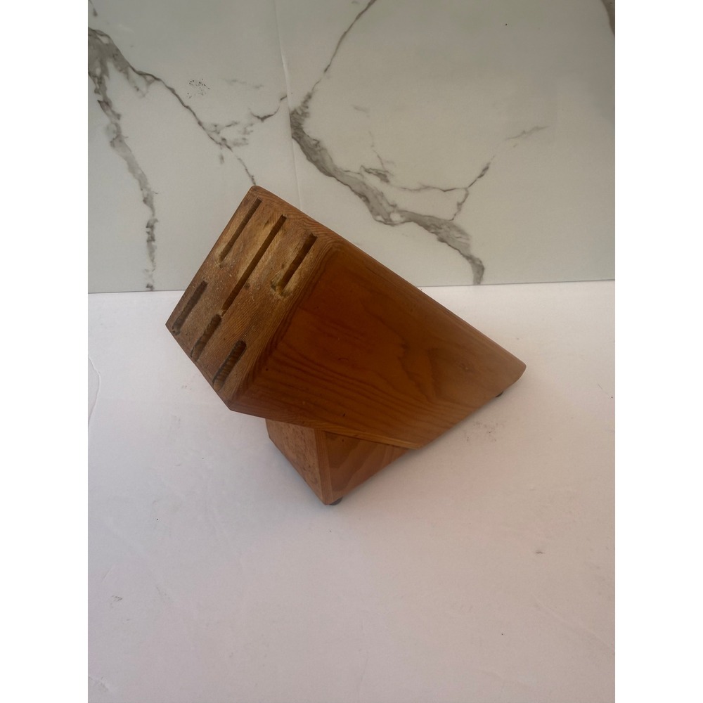 Natural Wood Slanted Knife Block 6 Slot Kitchen Cutlery Organizer Storage
